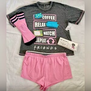FRIENDS Womens Sleepwear XS Loungewear Relaxed Loose Fit 3Pc PJs Pajama Set NEW